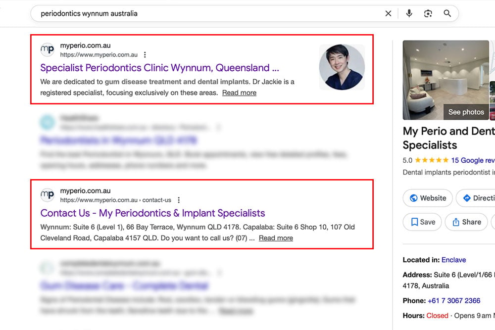 page-one-seo-ranking-periodontics-wynnum-australia-my-perio Google search result showing My Periodontics & Implant Specialists ranking #1 organically for the local keyword "periodontics wynnum australia"